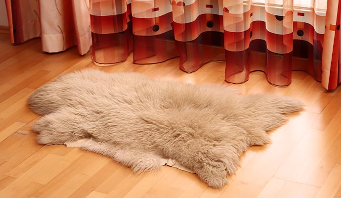 A brown color sheepskin rug laid out on a hardwood floor