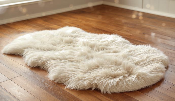 A large sheepskin rug on wooden floor