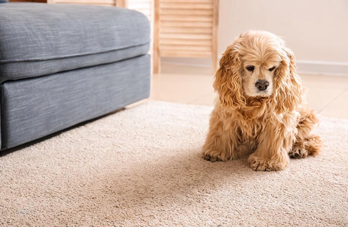 A pet sitting comfortably on a rug.