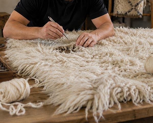 A professional repairing a Flokati rug