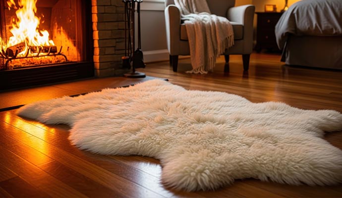 A white Sheepskin rug laid out on wooden floor