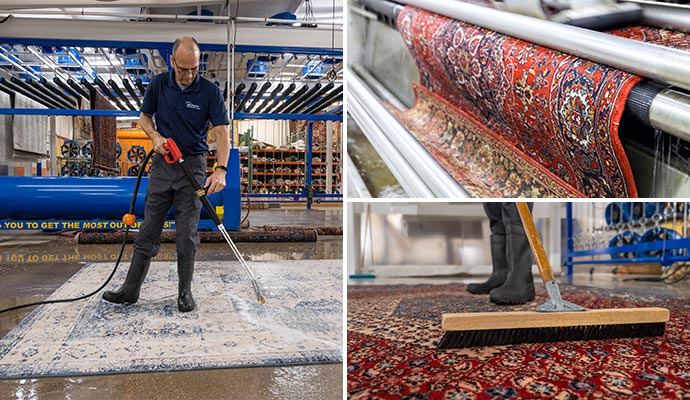 Collage of different rug cleaning processes