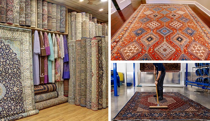 Collage of rug storage, clean rug, and person cleaning rug