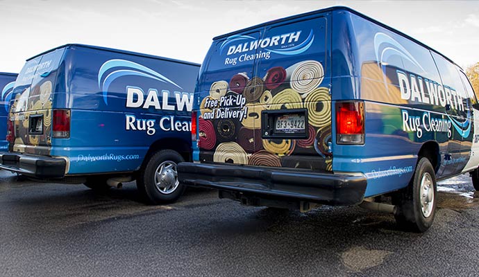 A fleet of blue Dalworth Rug Cleaning vans offering free pick-up and delivery services