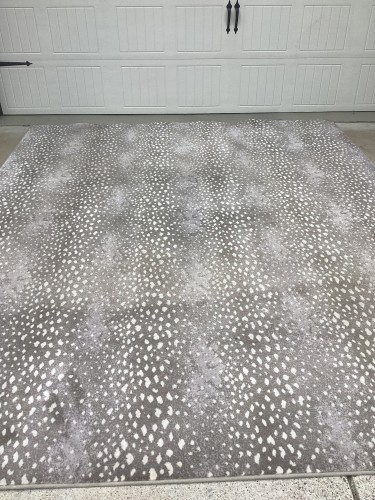 A large contemporary area rug with a grey and white antelope-style animal print pattern, completely deep-cleaned, sanitised for pet odours, and pile-restored on a driveway concrete surface.