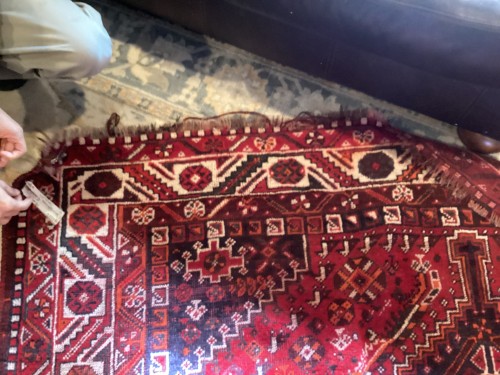 Close-up of a tribal-style red rug receiving specialized residential rug care, including detailed cleaning of the delicate fringe. Our team inspects each piece to provide a tailored deep cleaning service that protects the unique materials and enhances the overall look.