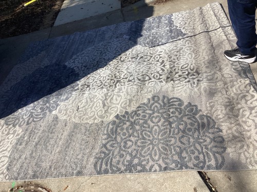 Professional residential rug cleaning service correcting nap distortion and removing heavy soil from a patterned rug.