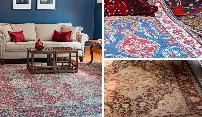 Collage of oriental, silk and turkish rug