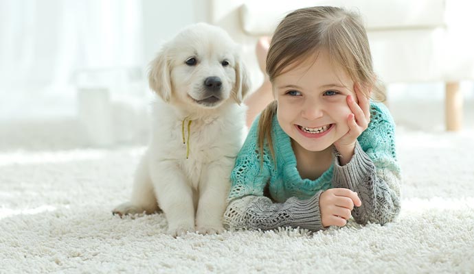 Puppy and child on rug