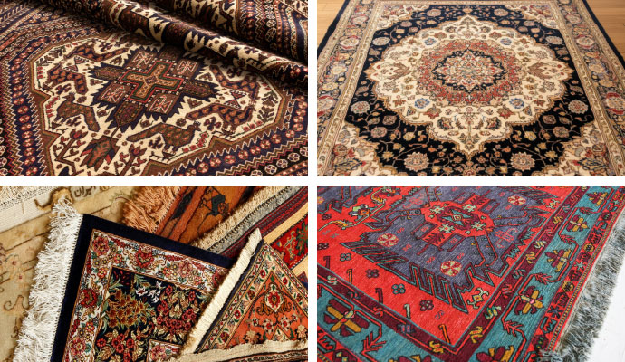 Collage of various types of clean rugs including Oriental, Persian, Silk, and Turkish rugs