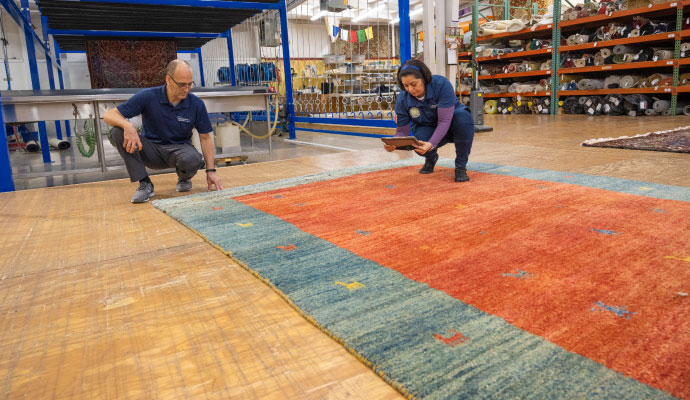 Two experts inspecting a rug