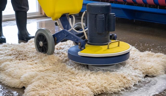 A Dalworth Rug Cleaning profesisonal cleaning sheepskin rug using equipment
