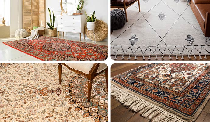A collage showing various rug types, including Oriental and Persian, that receive specialized professional care
